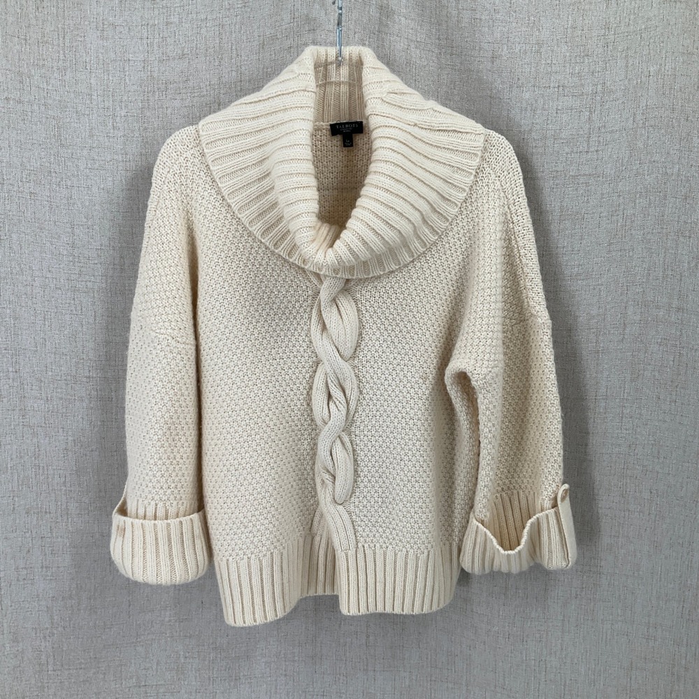Talbots Sweater Womens L Cream Wool Cowl Neck Cable Knit Classic Minimalist